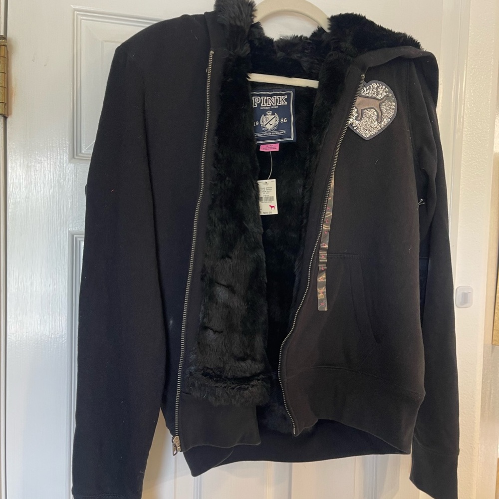 PINK Victoria's Secret Black Faux Fur Lined Jacket